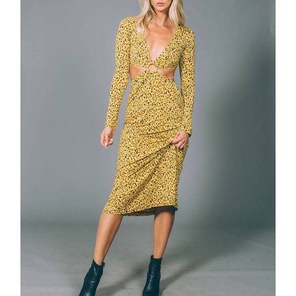 AFRM Lola Leopard Print Cutout Detail Long Sleeve Midi Dress‎ In Gold Leopard - Picture 1 of 15